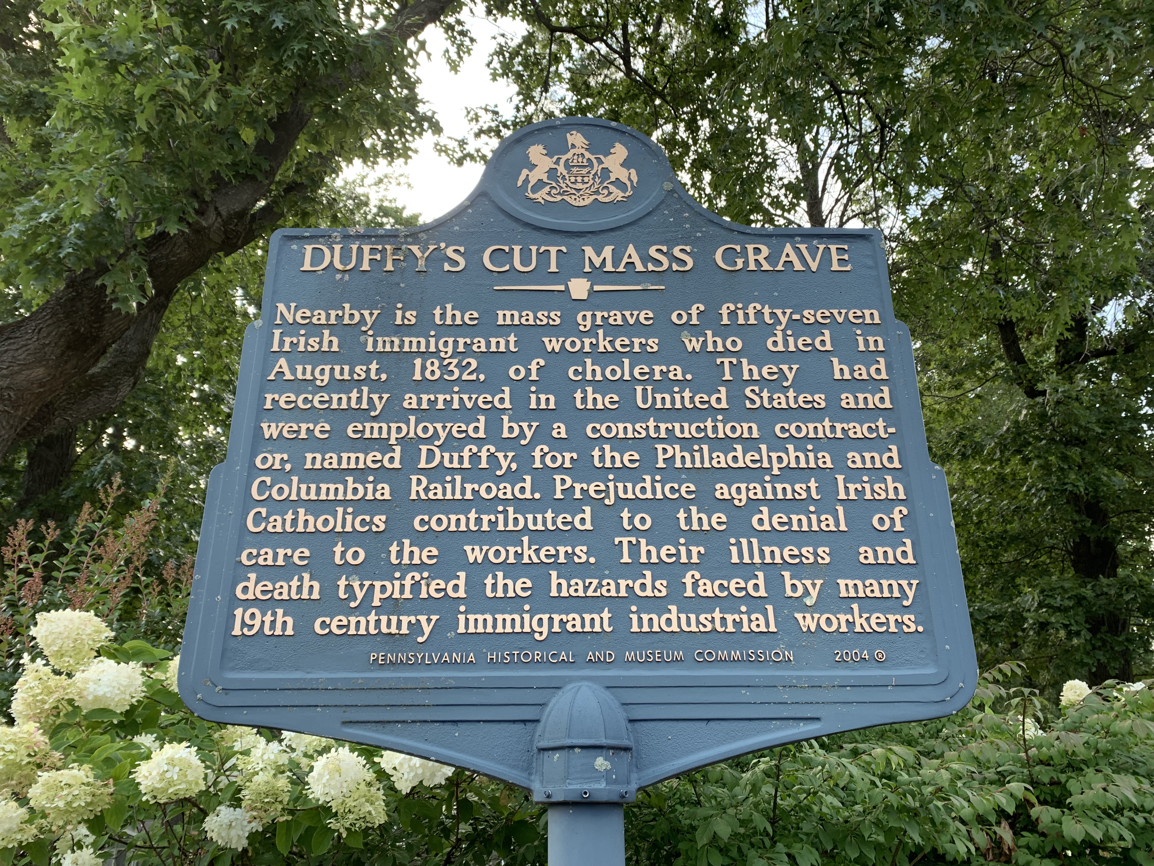 Blue historical marker reading 'Duffy's Cut Mass Grave' mounted on a post outdoors.