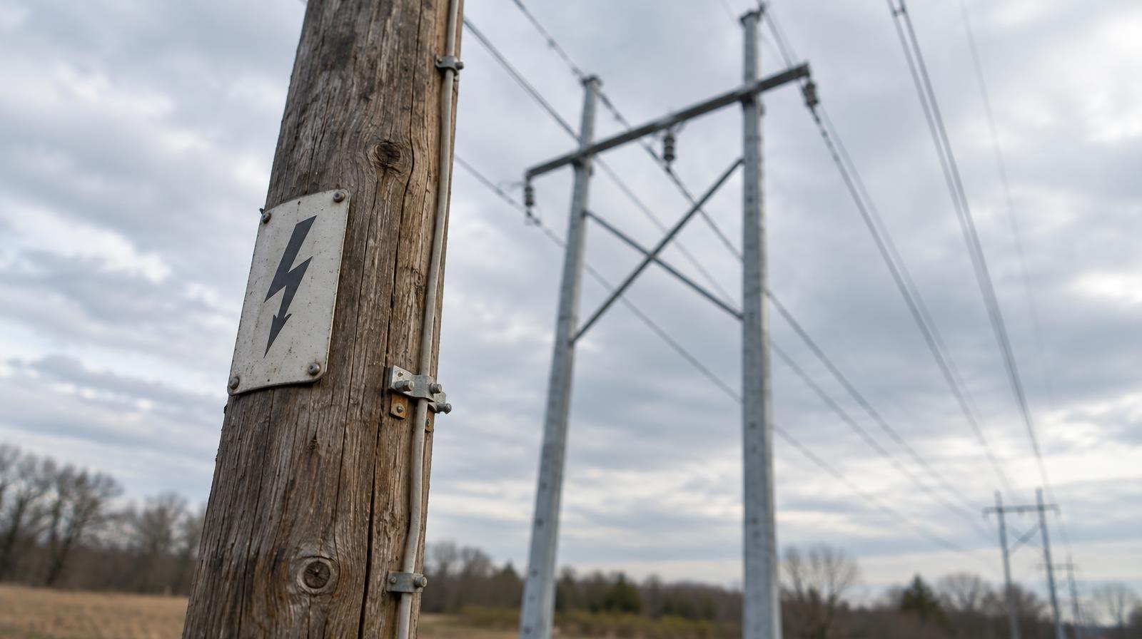 Weathered wooden utility pole and steel H-frame structure with high-voltage lines overhead