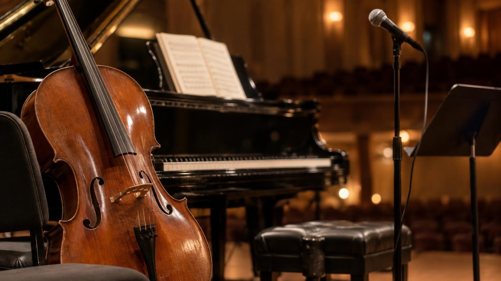 A cello, grand piano keyboard, and microphone stand on a warmly lit concert stage.