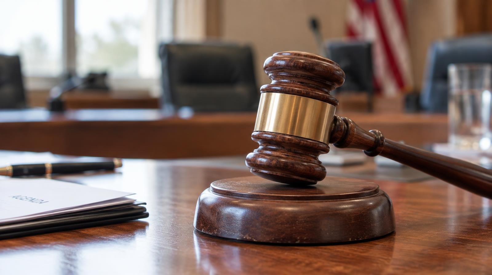 A wooden gavel resting on its sound block on a wooden table.