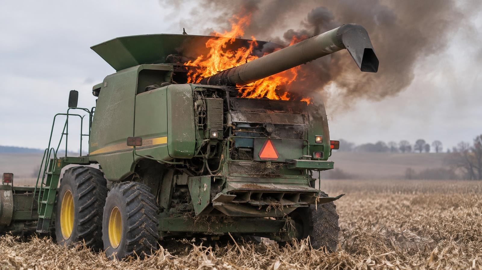 A large combine harvester with flames and smoke rising from its engine compartment in a corn field.