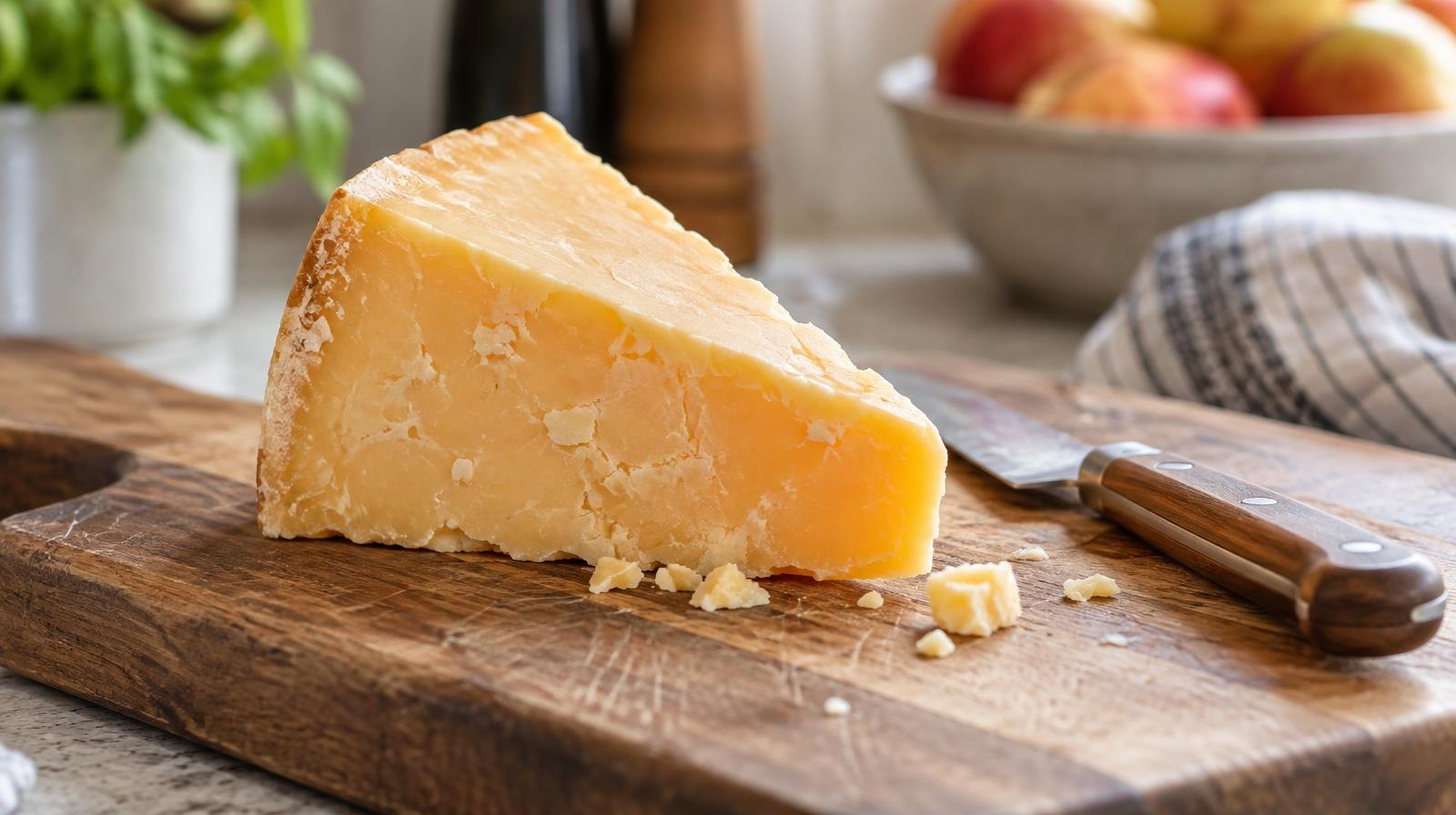 A wedge of cheddar cheese on a wooden cutting board with a small knife.