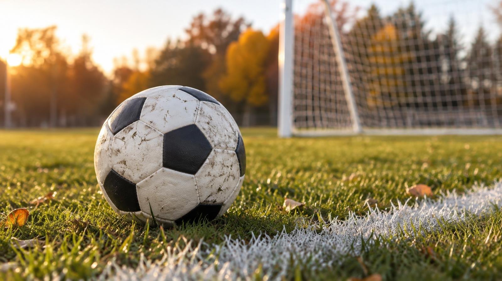 A soccer ball resting on green grass near a white painted sideline with a goal net behind it.