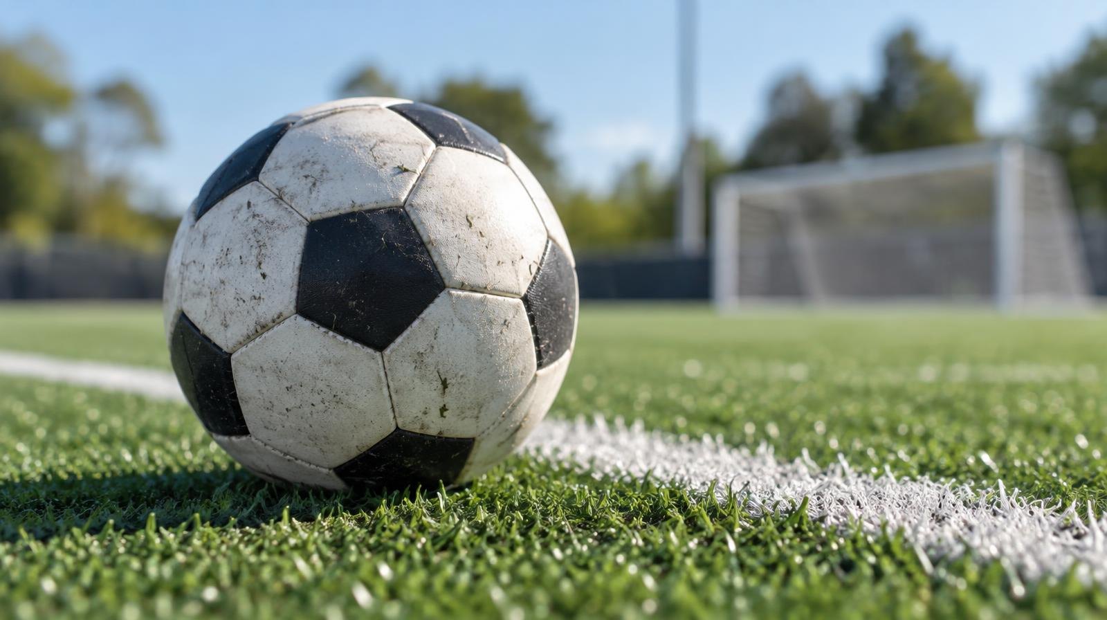 A black-and-white soccer ball on bright green artificial turf near a white sideline.