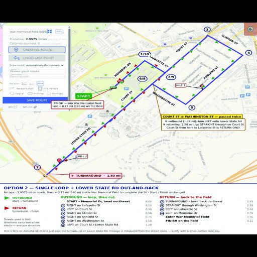 Color-coded race route map showing a 5K course through downtown streets.