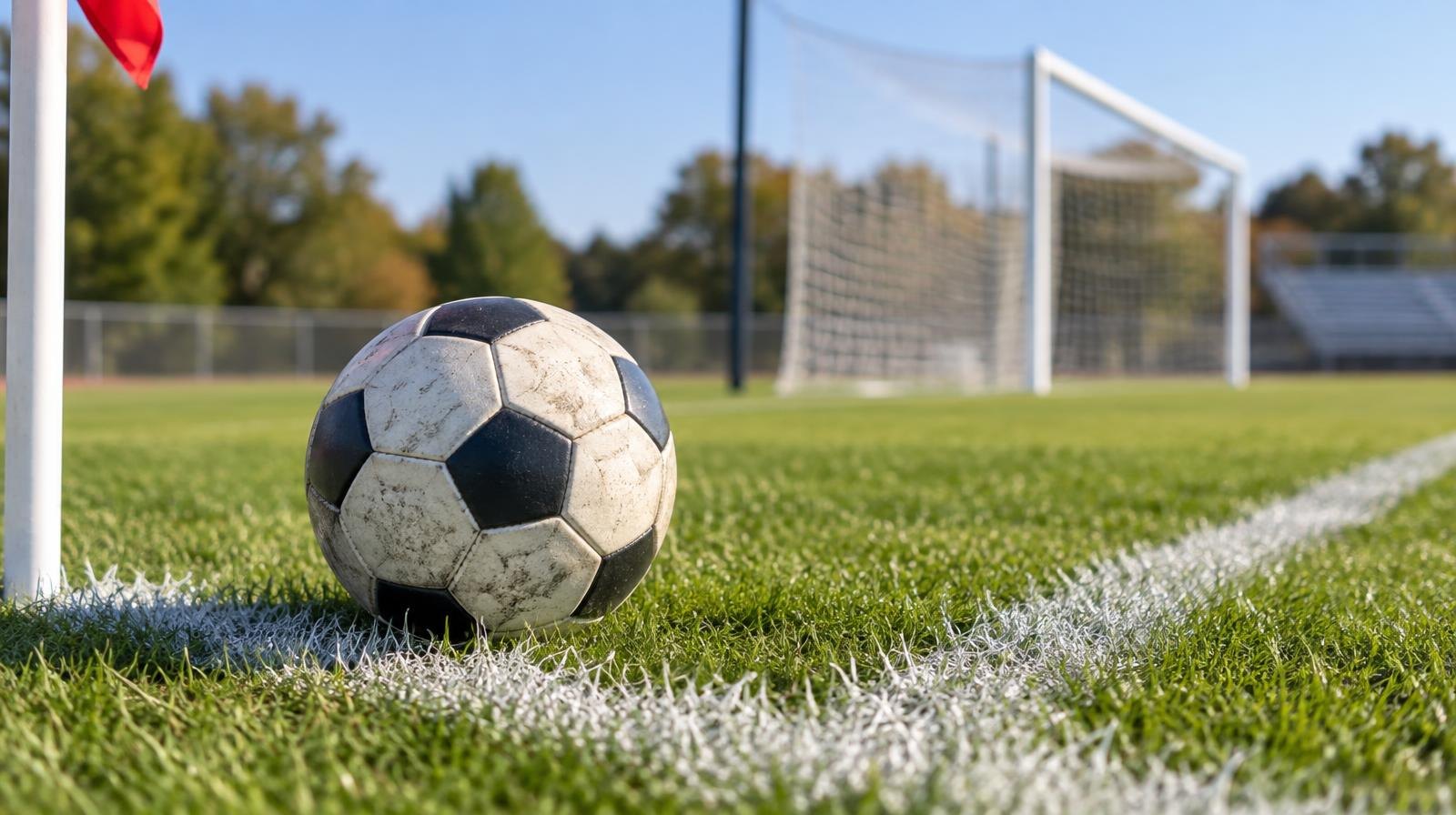 A soccer ball on a grass field near a corner arc with a goal net in the background.