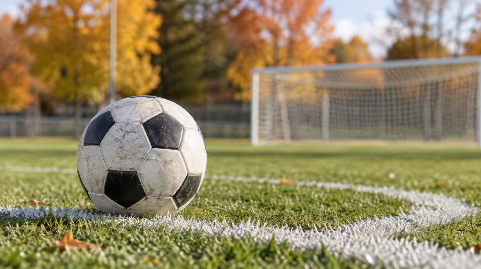 A soccer ball resting on the center circle line of a green grass field with a goal net in the background.