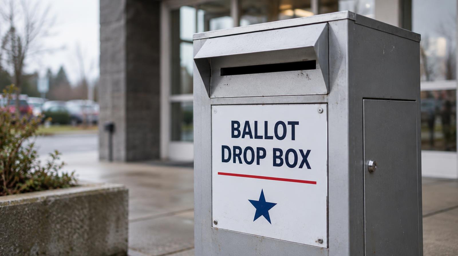 A metal ballot drop box with a secure slot standing on an outdoor sidewalk.