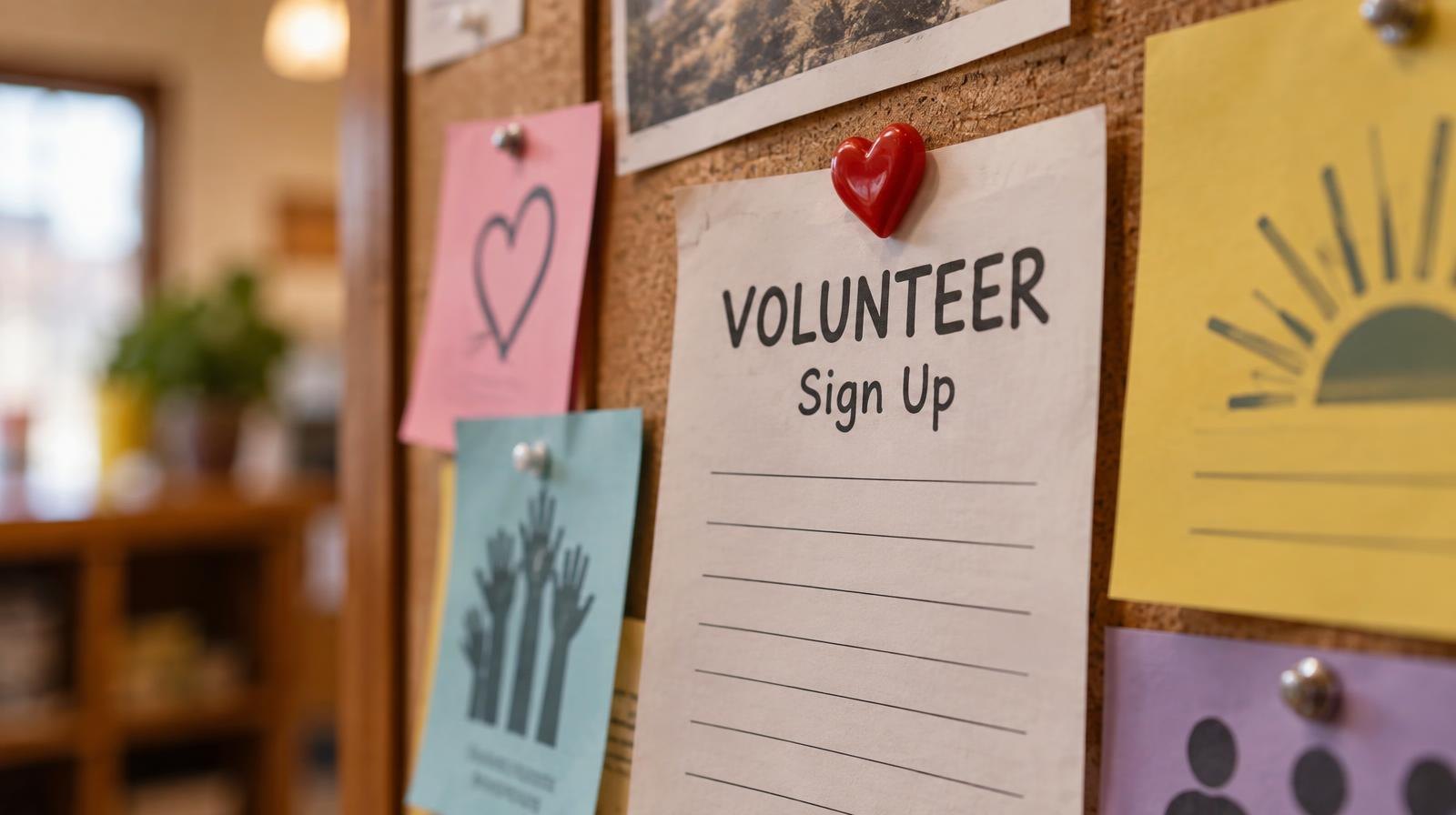 Colorful cards and a red heart pin pinned to a wooden bulletin board.