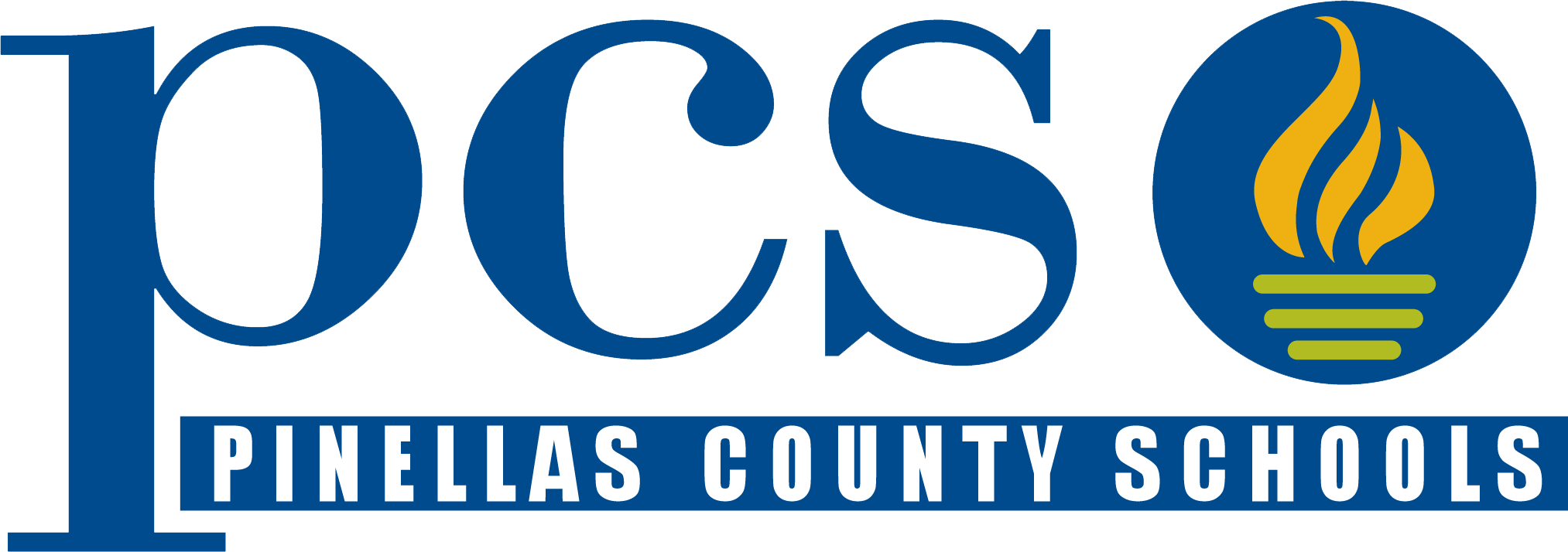 Pinellas County Schools logo featuring blue letters, a gold torch, and the district name on a blue banner.