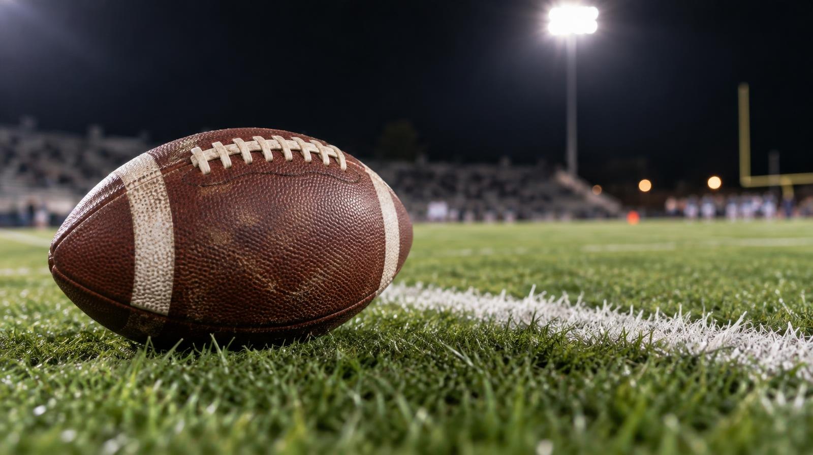 An American football resting on green grass near a white yard line under stadium lights.