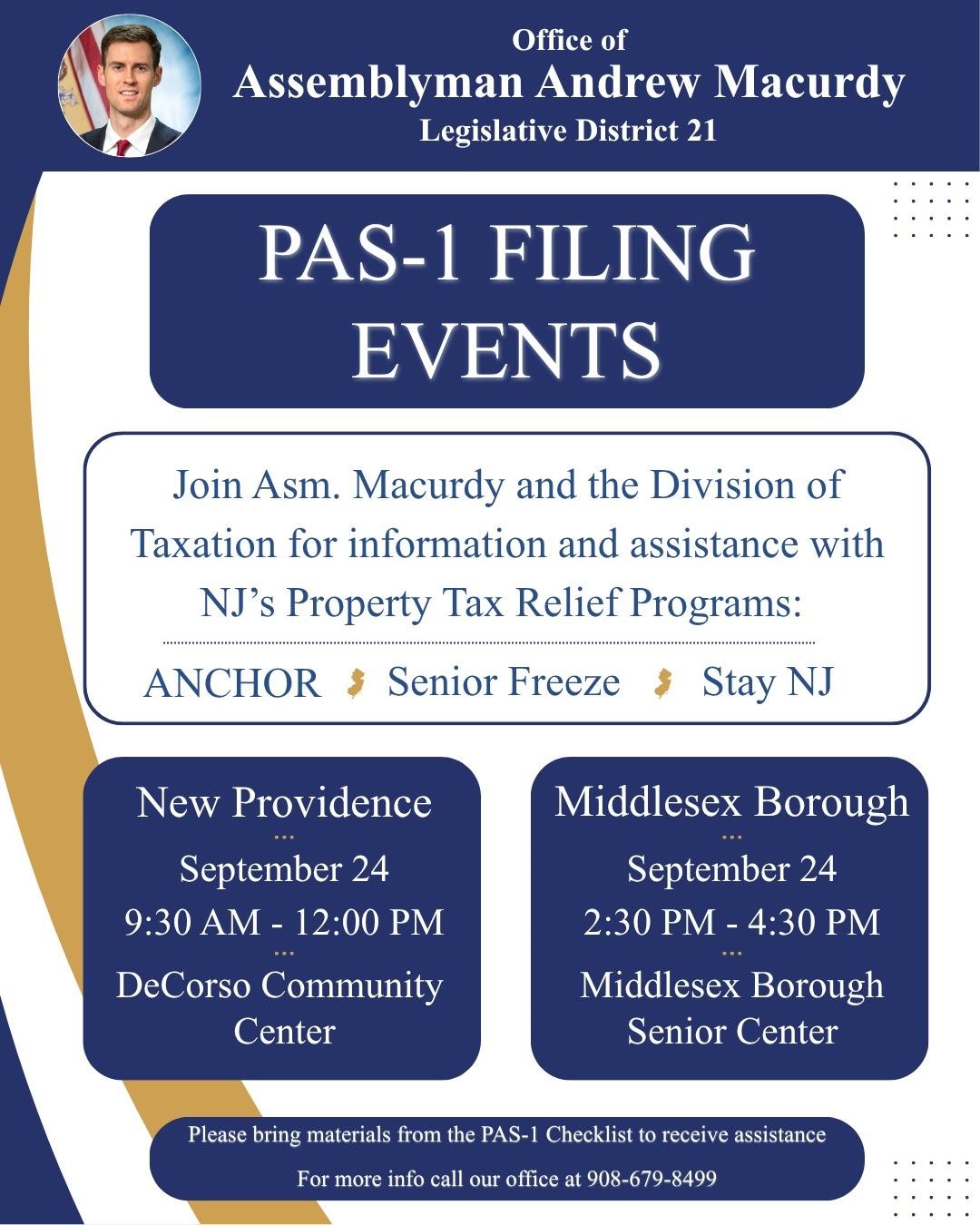 Event flyer listing property tax relief filing assistance sessions with dates, times, and locations.