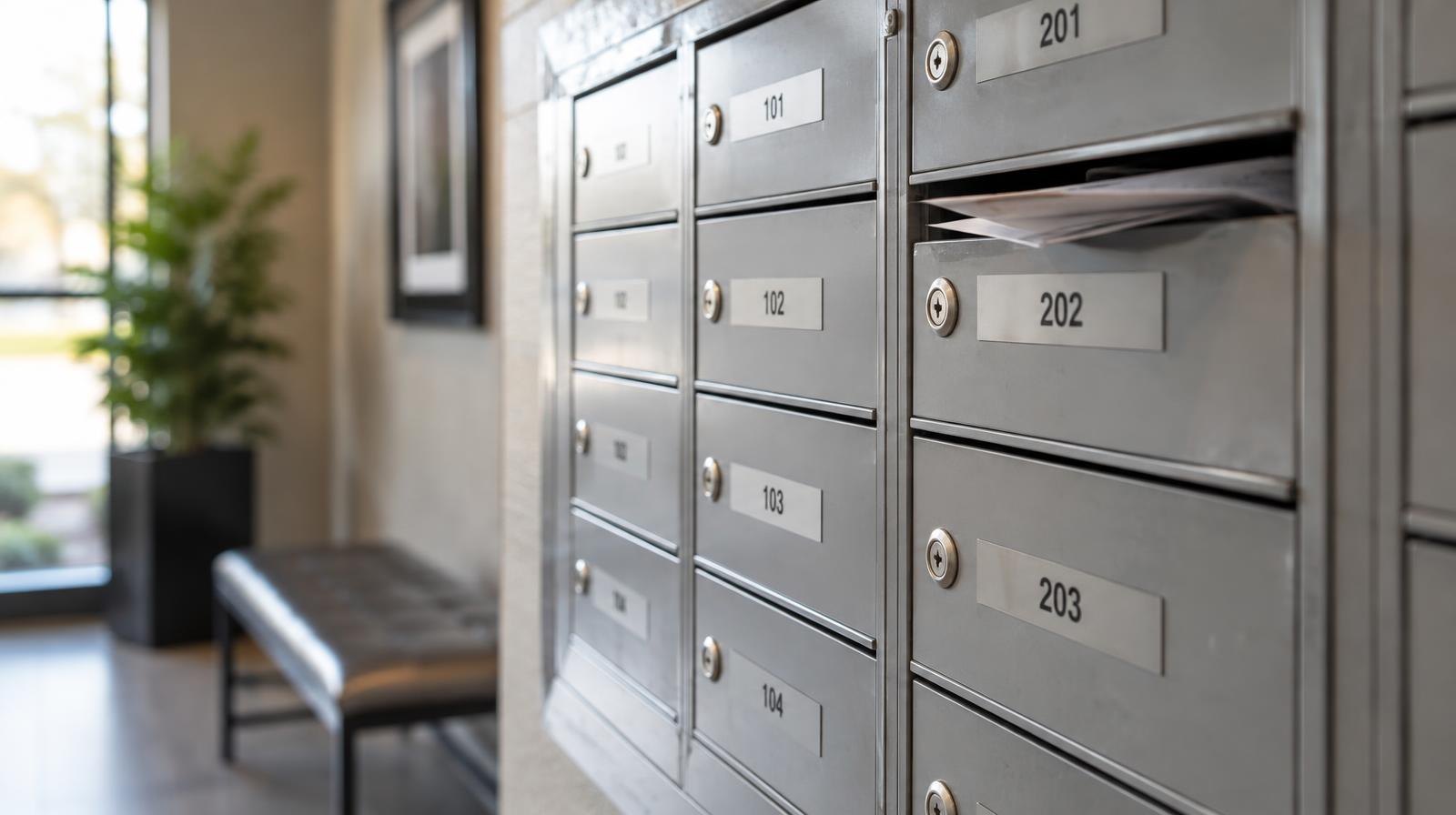 A row of numbered metal mailboxes mounted on a wall in an apartment building lobby.
