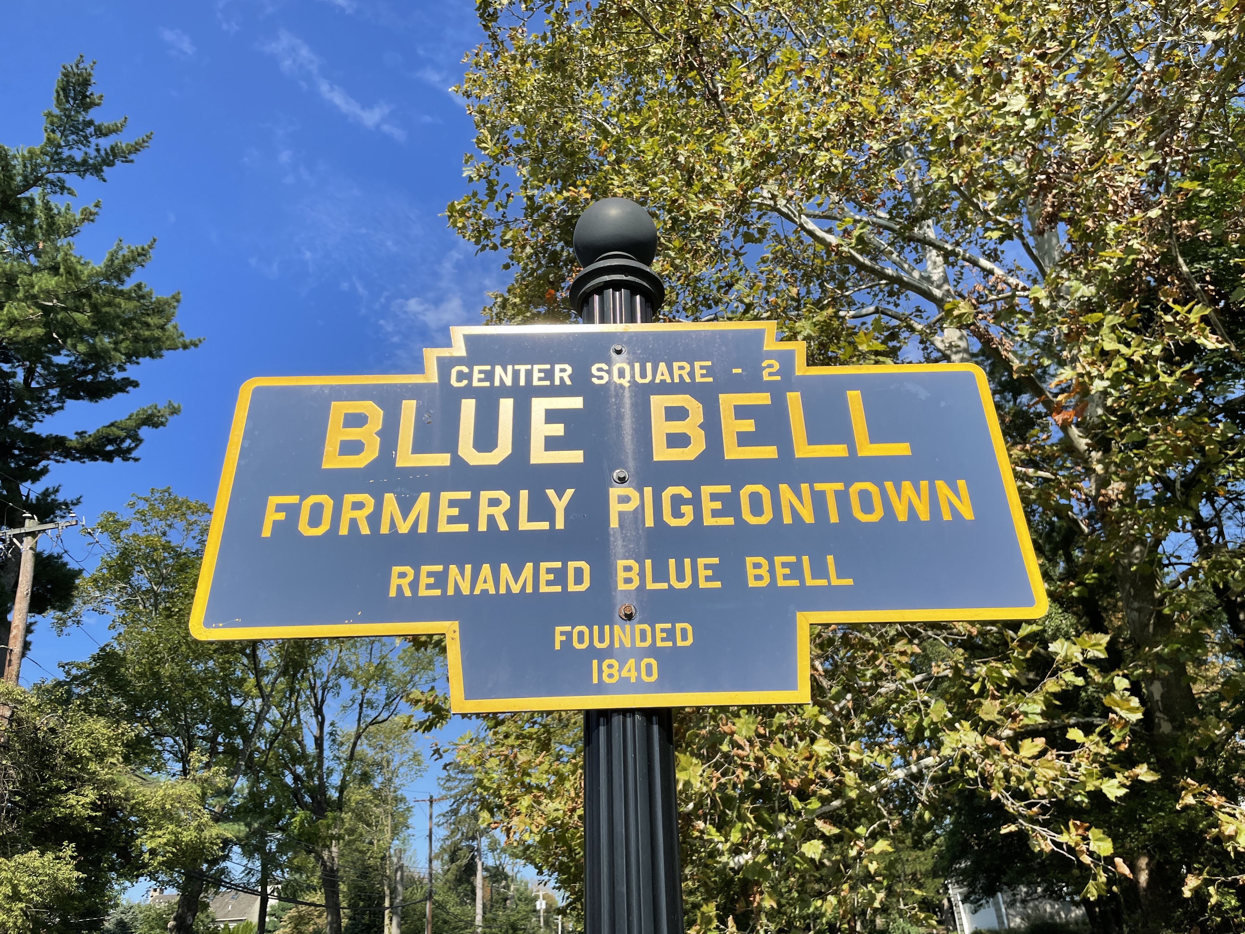 Blue and yellow keystone sign reading 'Blue Bell' mounted on a pole against a blue sky.