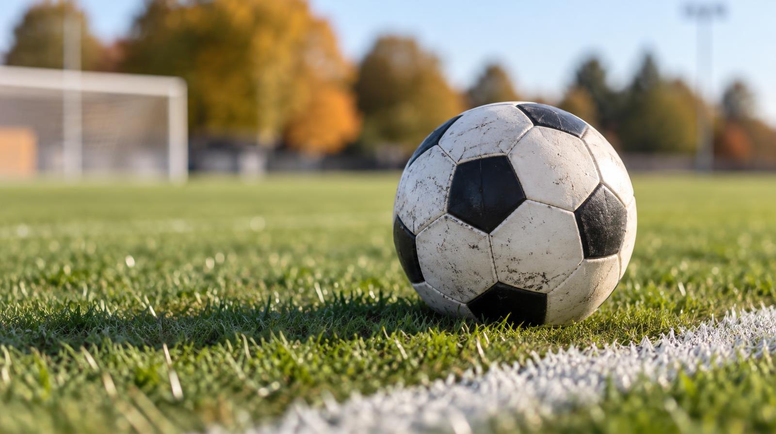 A black-and-white soccer ball resting on a green grass field near a white sideline.