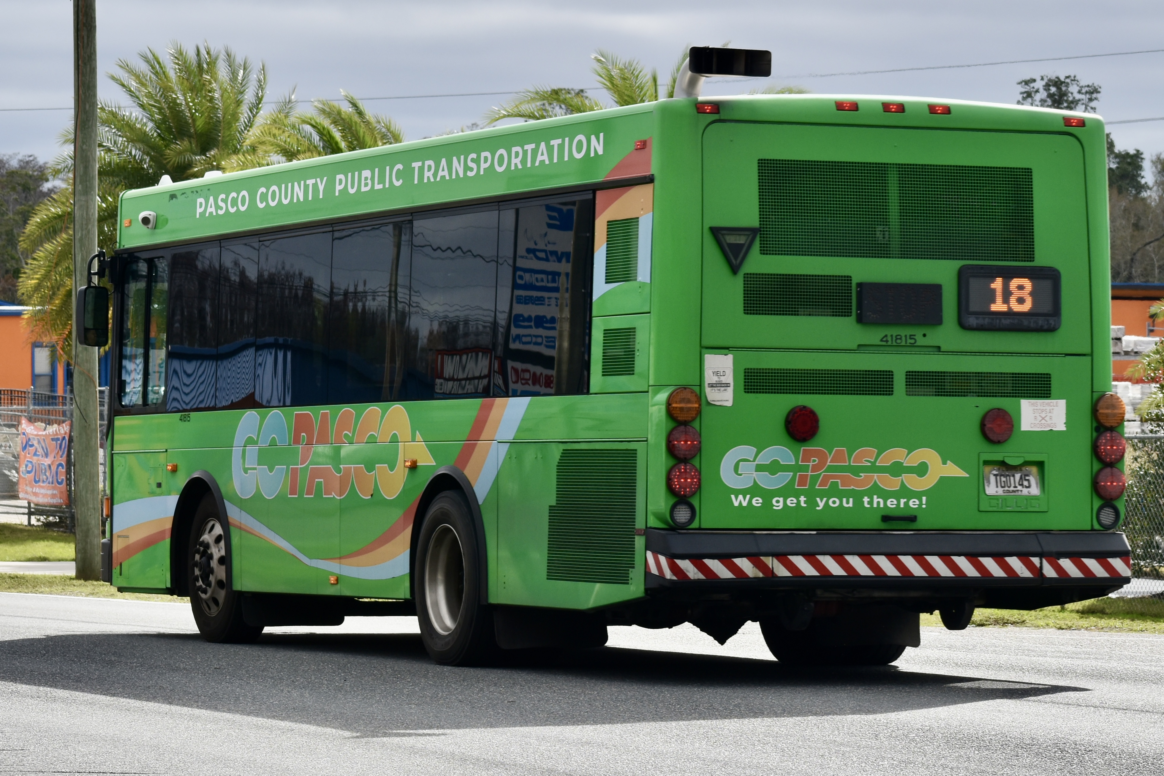 Green GoPasco public transit bus driving on a road lined with palm trees.