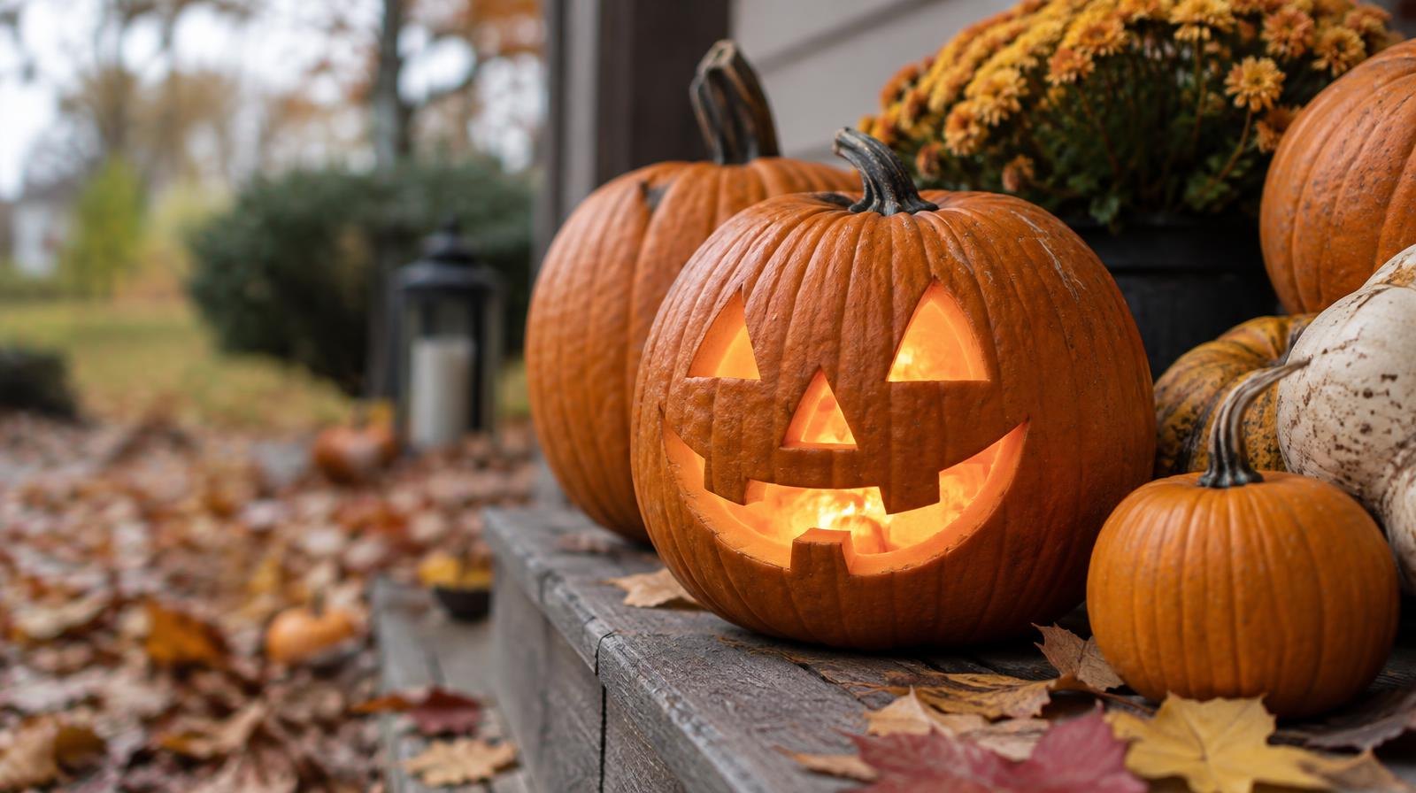A glowing carved pumpkin beside a pile of uncarved orange pumpkins outdoors in autumn.