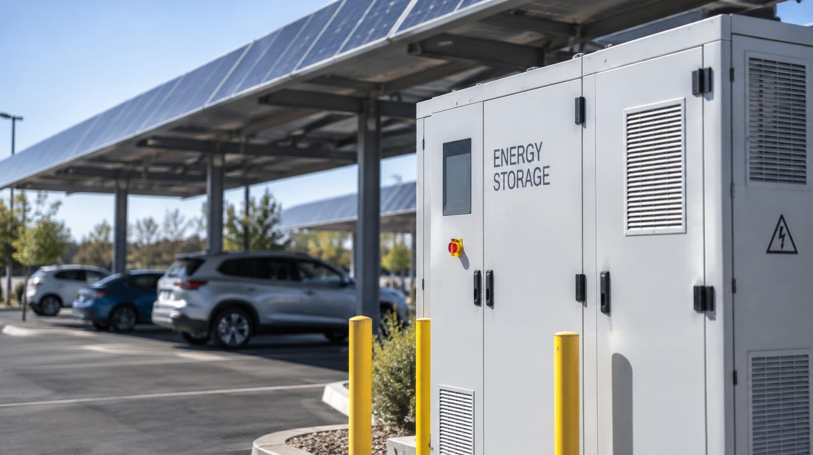 Solar panel canopy over a parking lot with a large battery storage unit beside it.