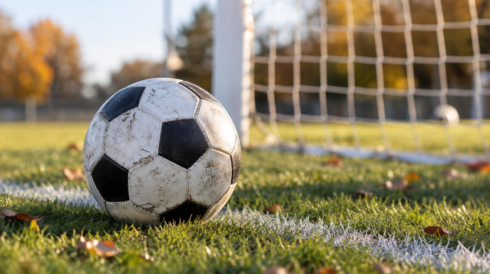 A black-and-white soccer ball resting on green grass near a goal net.