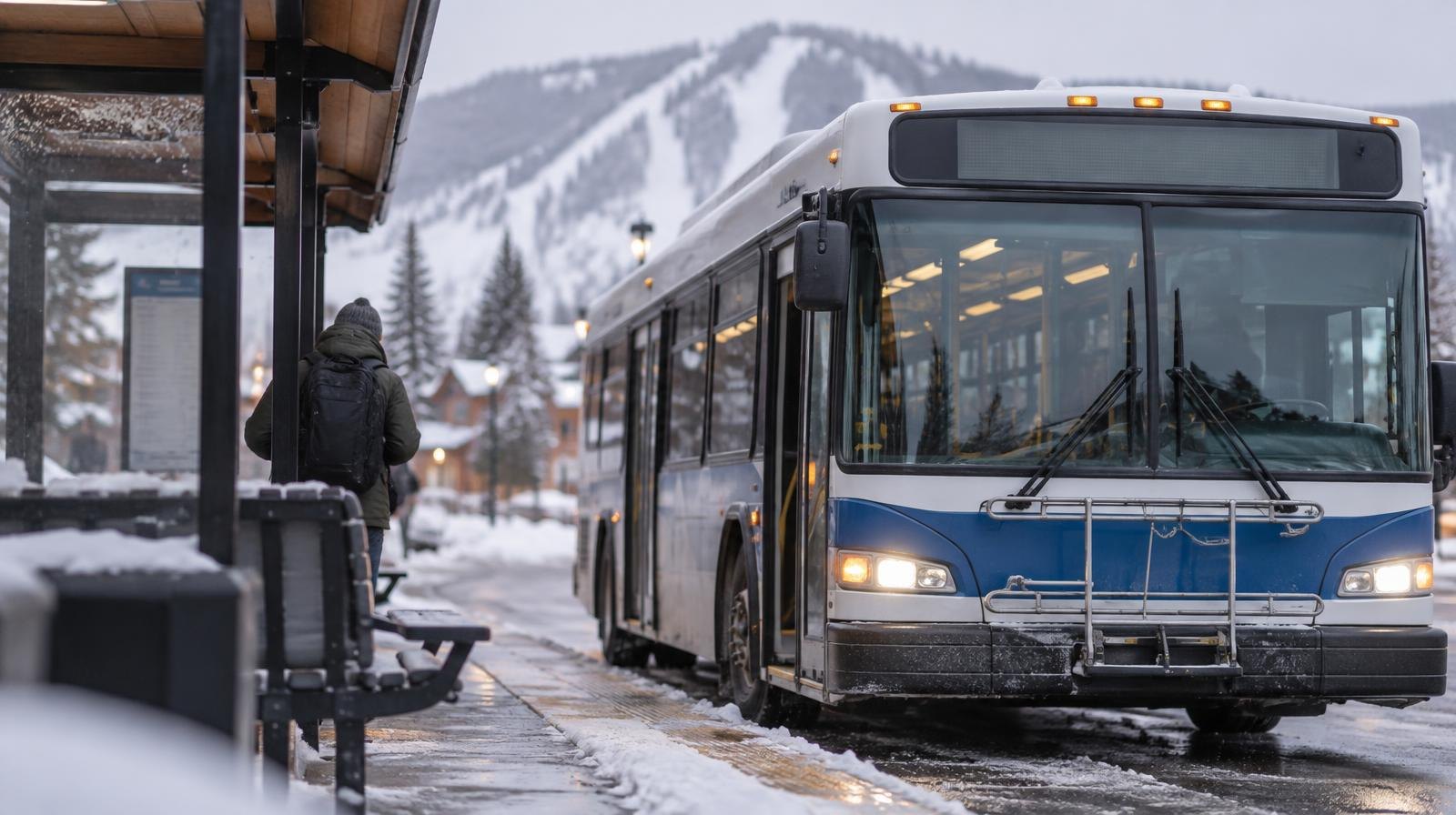 Transit bus stopped at a covered shelter with snowy mountain slopes in the background.