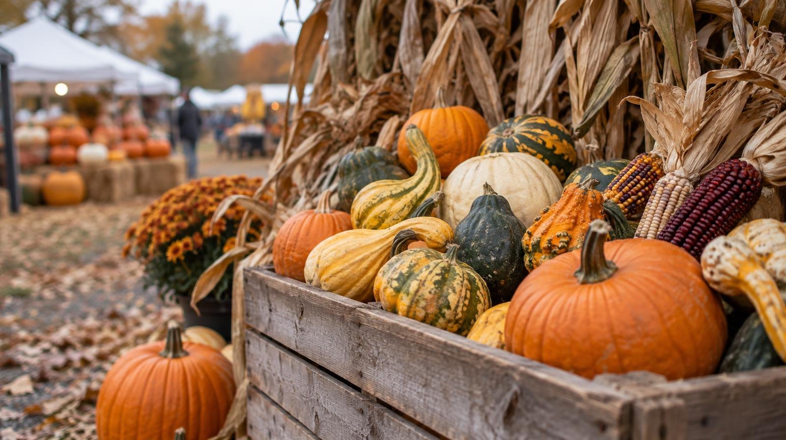 Wooden crate filled with colorful autumn gourds, small pumpkins, and dried corn stalks outdoors.
