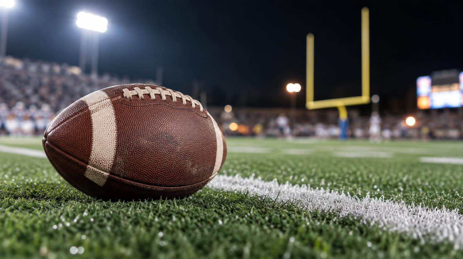 An American football resting on green artificial turf beside a white yard line.