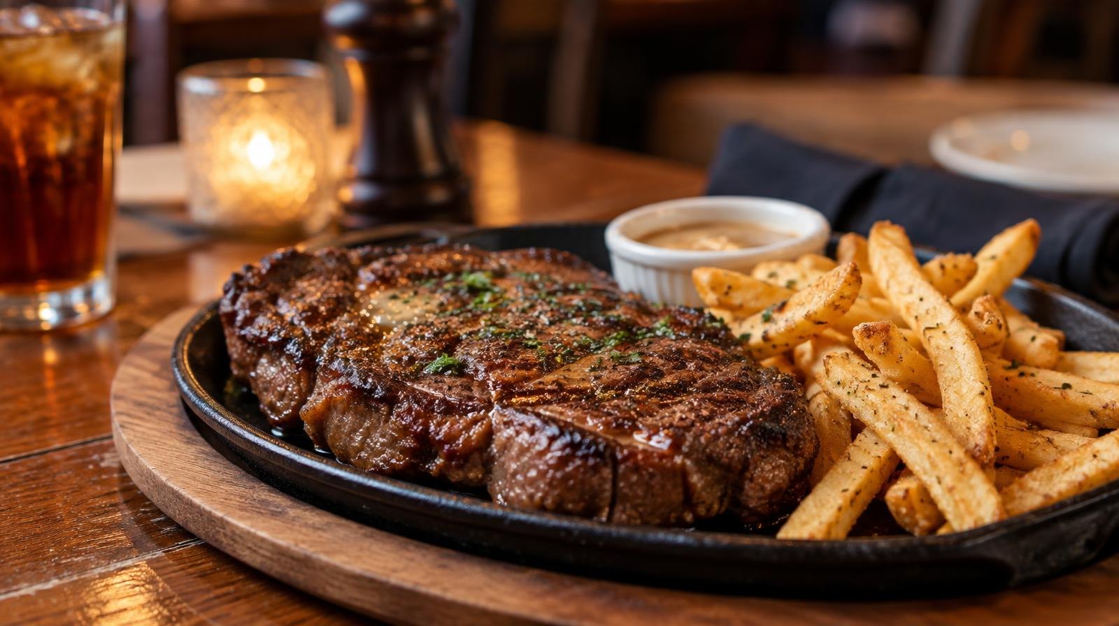 Sizzling steak on a cast-iron plate with fries on a wooden table.