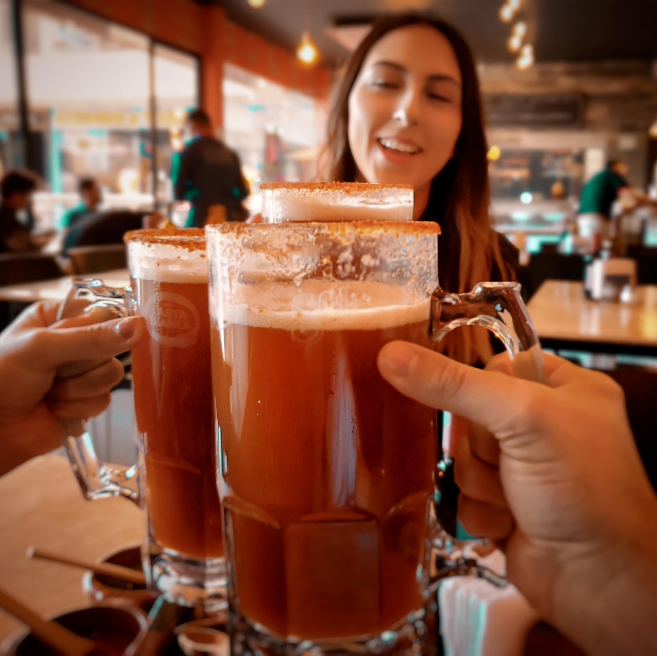 Drinks, friends, beer, cheers, friendship, alcohol, beverage, people, restaurant, table, toast, celebrate, brown celebra