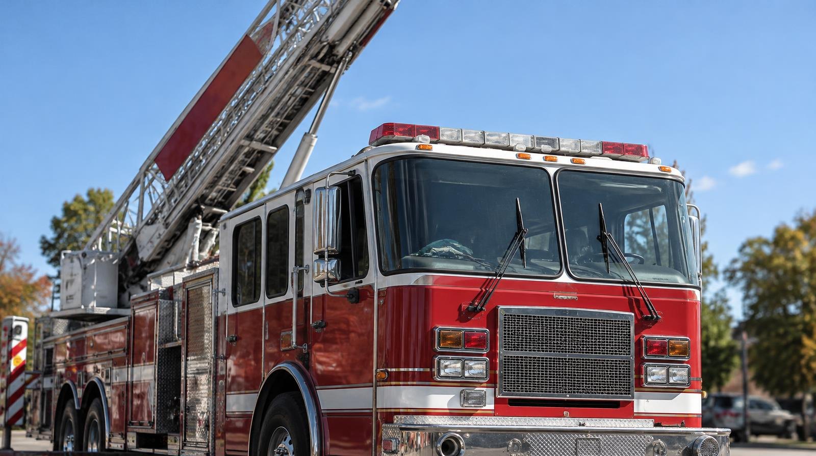 A red aerial ladder fire truck with its tall ladder raised against a blue sky.