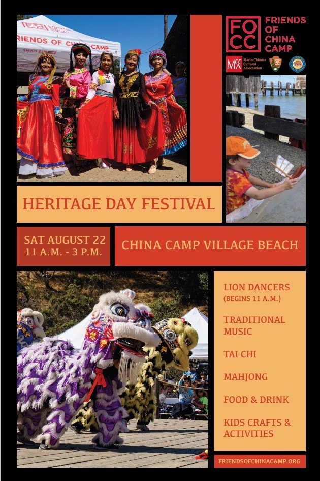 Event flyer showing costumed performers and lion dancers for a festival at a historic village.