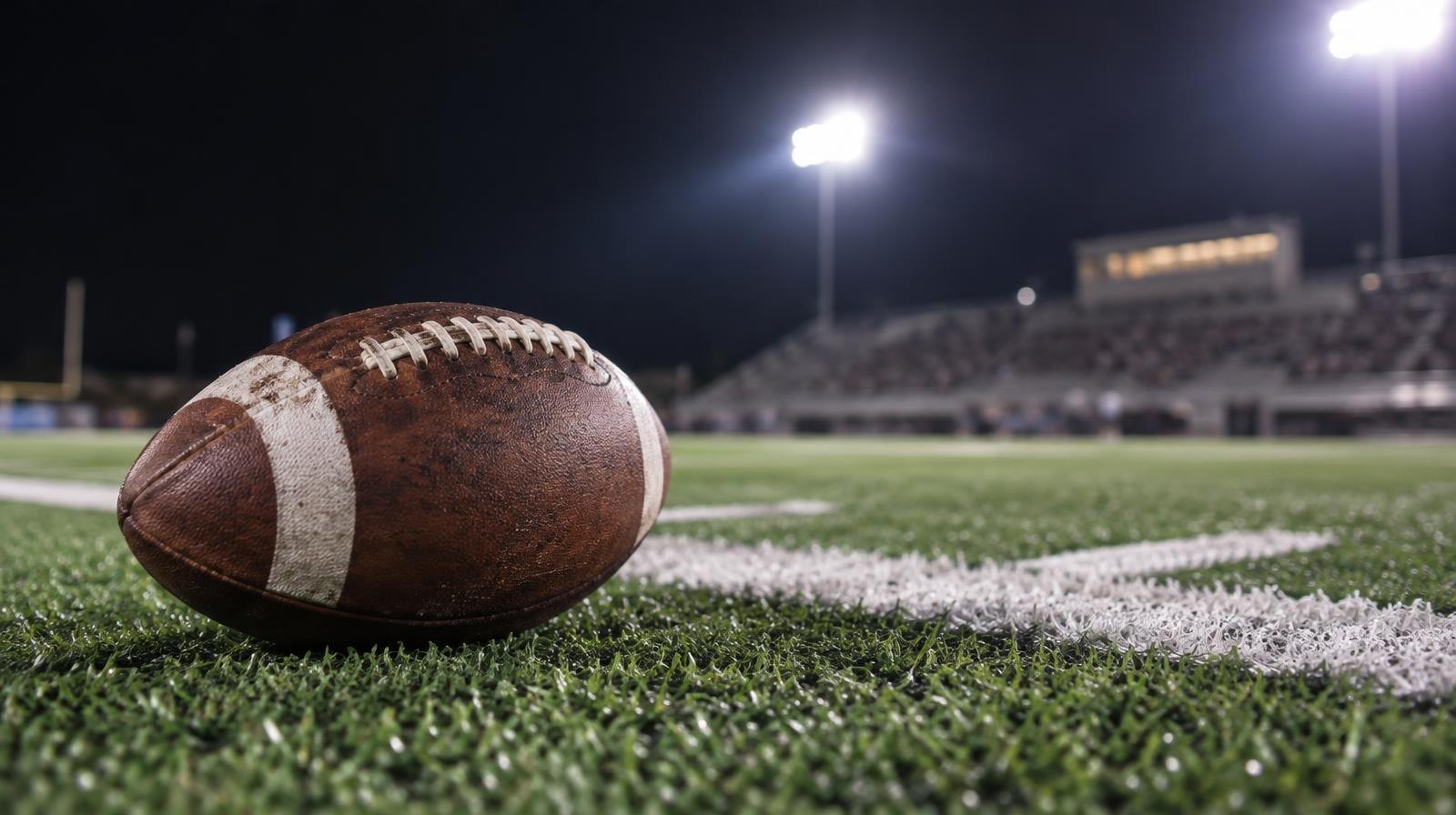 An American football on green turf beside a white yard line under bright stadium lights.