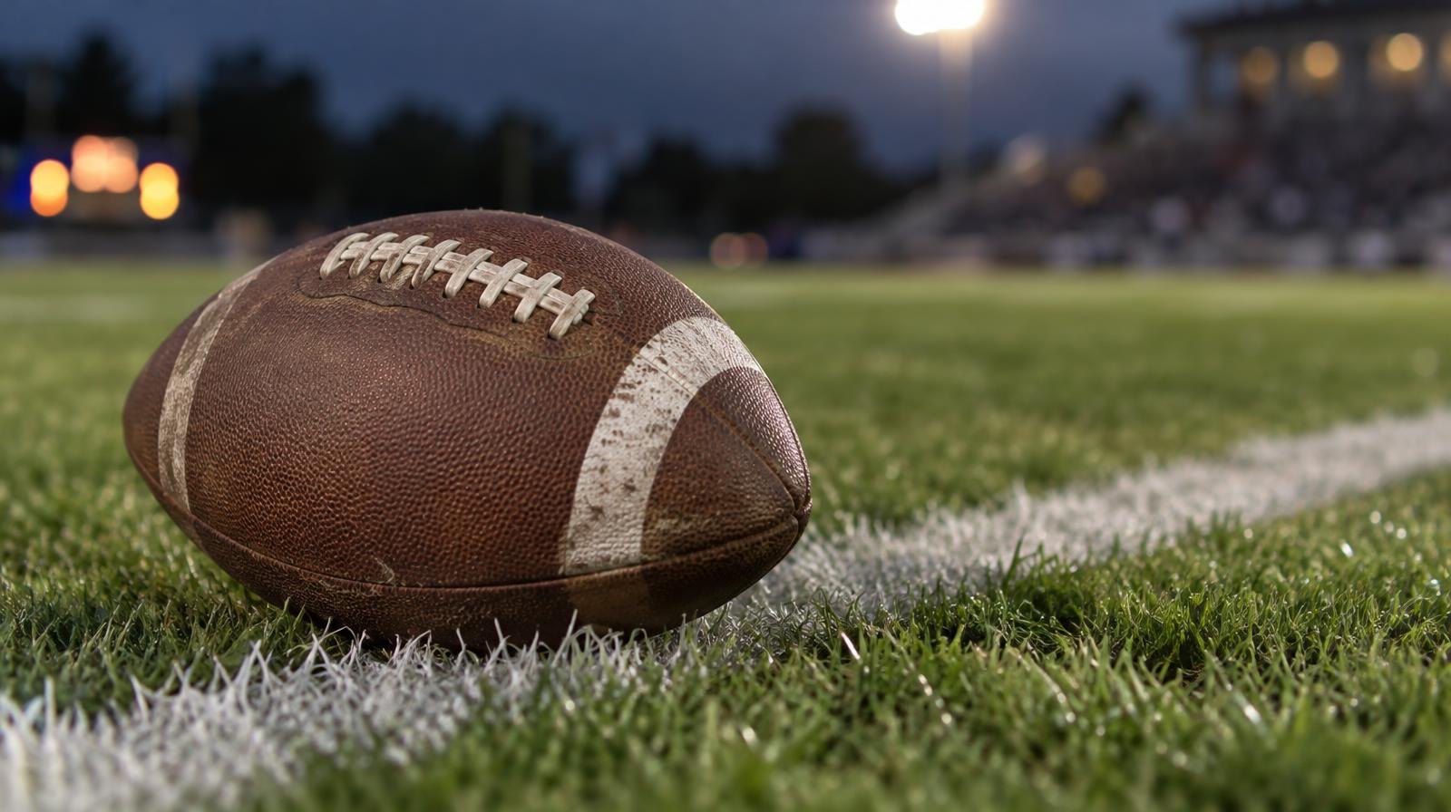 An American football resting on green grass beside a white painted yard line.