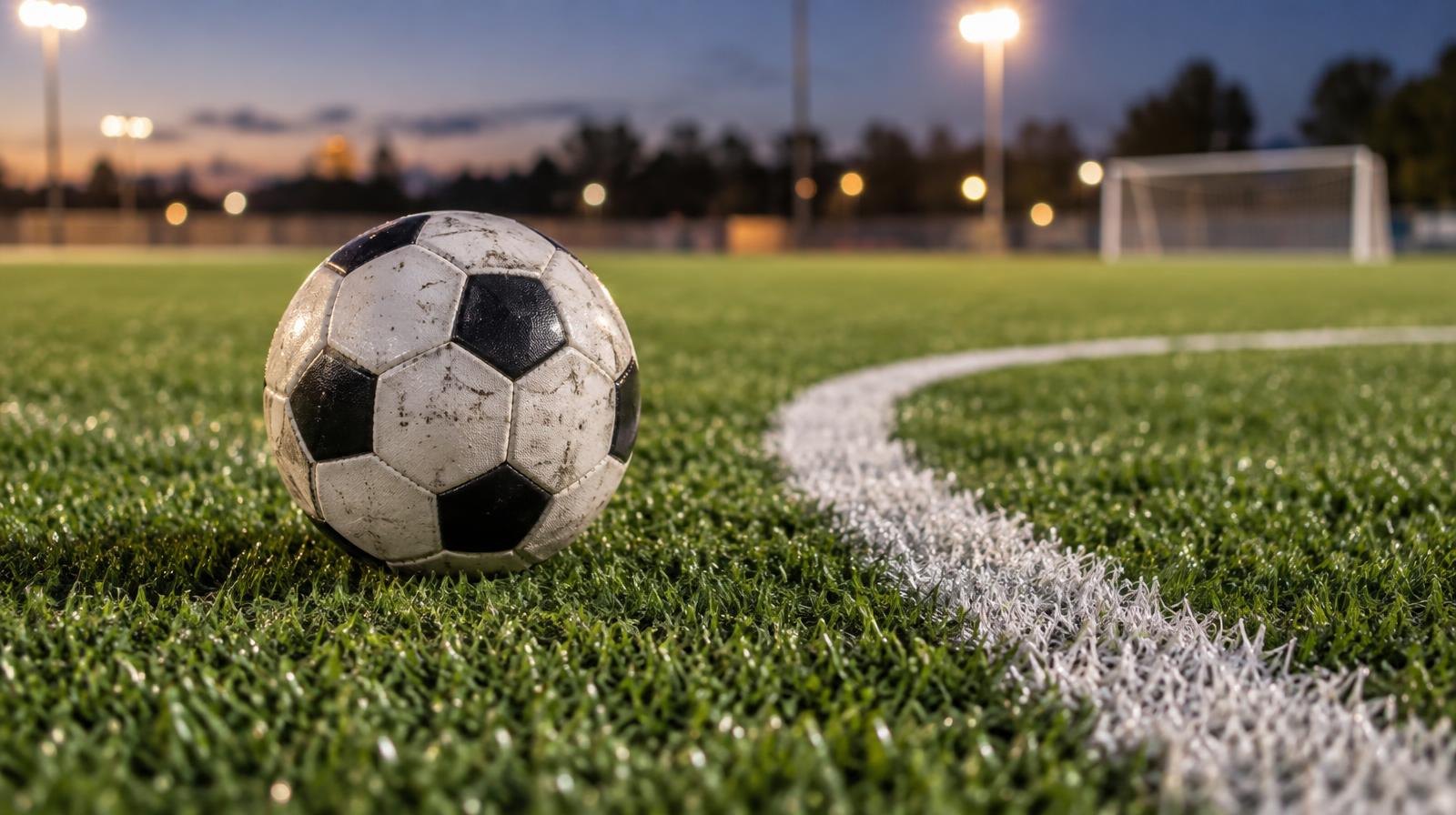A soccer ball resting on bright green artificial turf near a white painted line under stadium lights.