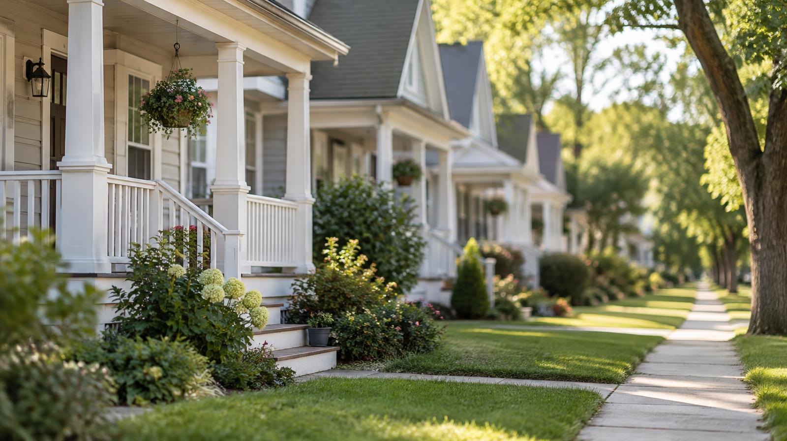 A row of small cottage-style homes with front porches along a tree-lined path.
