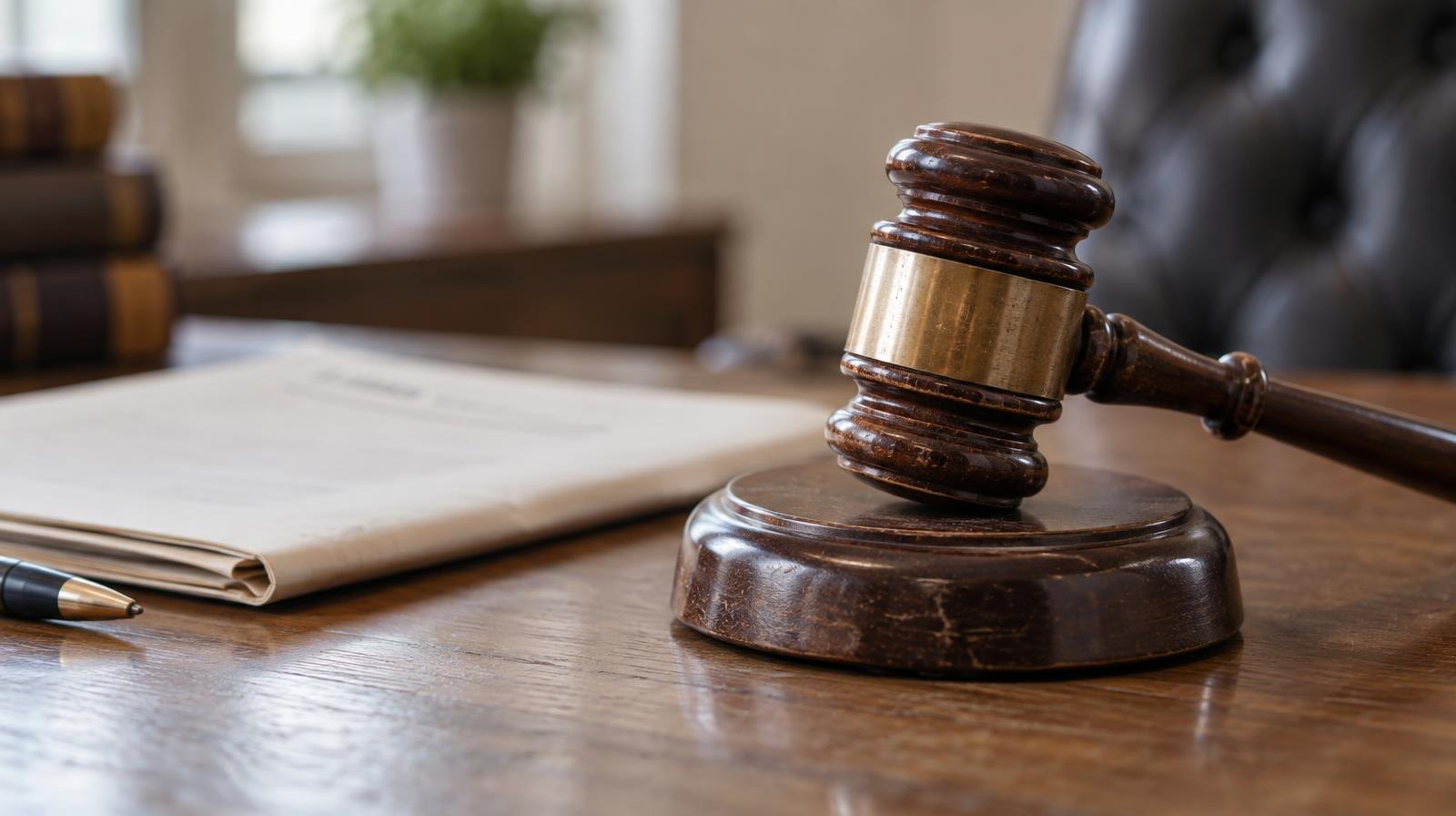 Wooden gavel on its sound block next to a folded document on a desk.