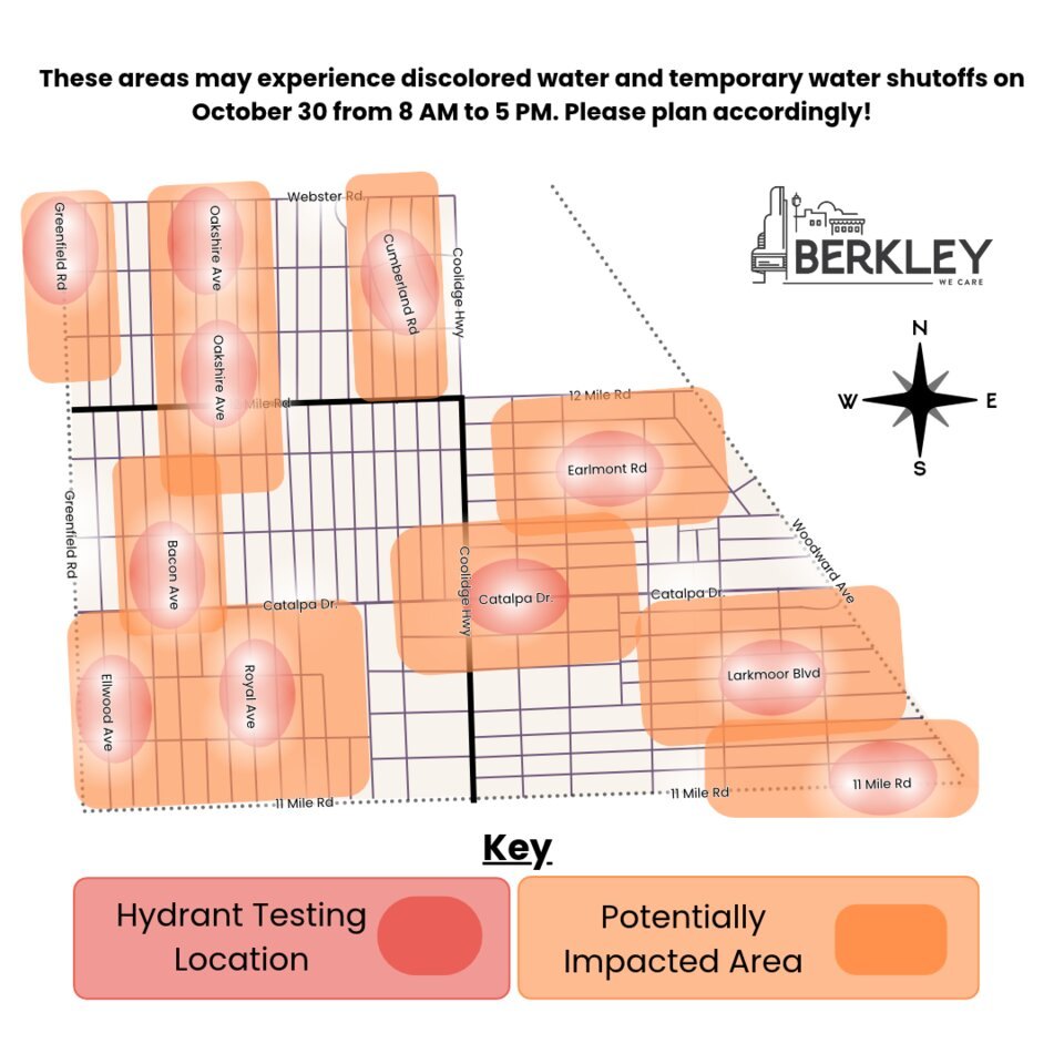 A street map of Berkley showing hydrant testing locations and potentially impacted areas marked in pink and orange.