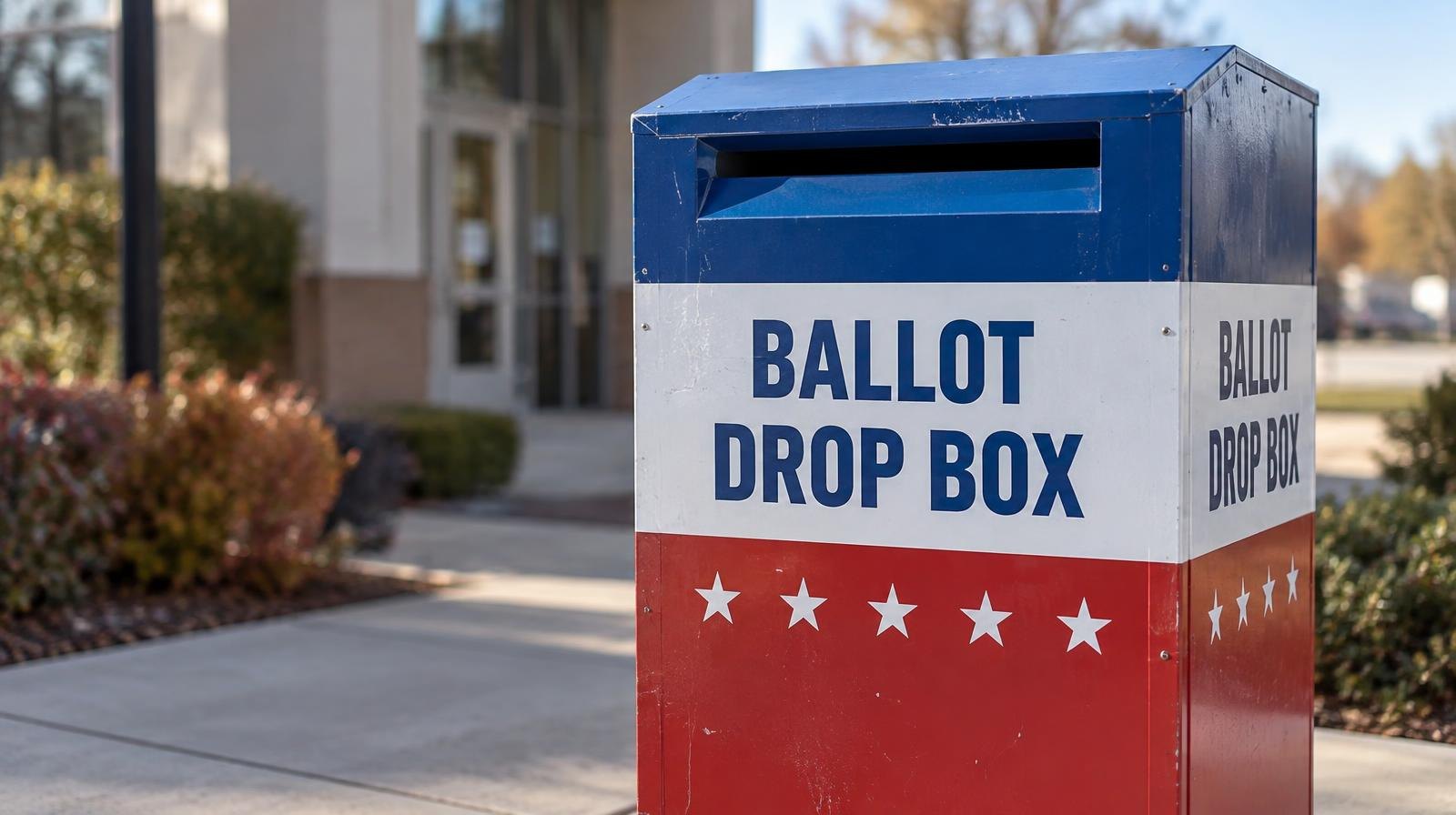 A red, white, and blue ballot drop box on a sidewalk outside a building under a clear sky.