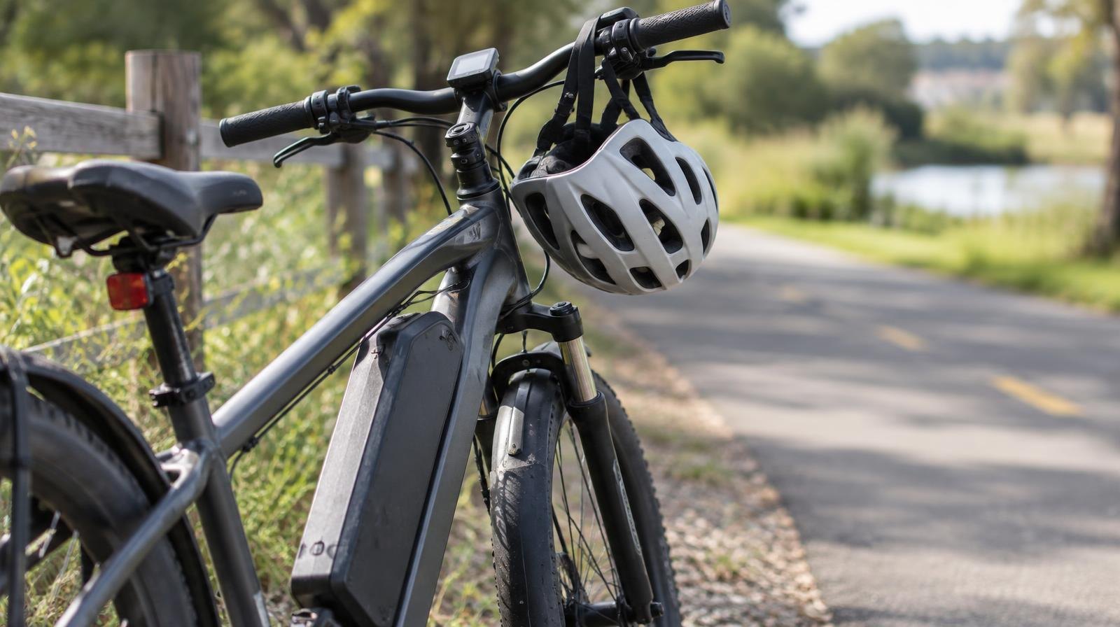 An electric bicycle parked beside a paved path with a helmet on the handlebars.