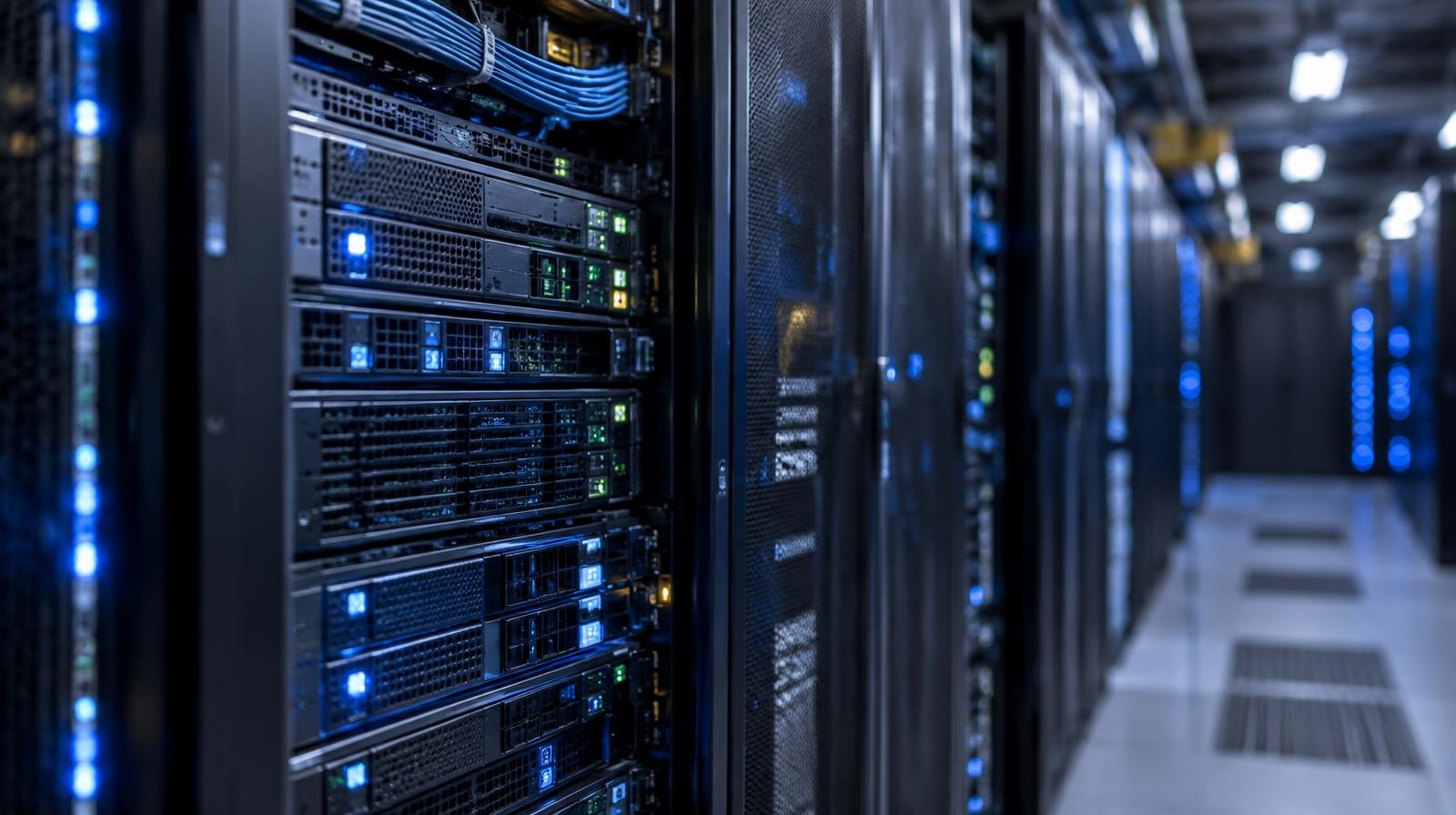 Rows of glowing server racks with blue and white LED lighting in a dark industrial space.