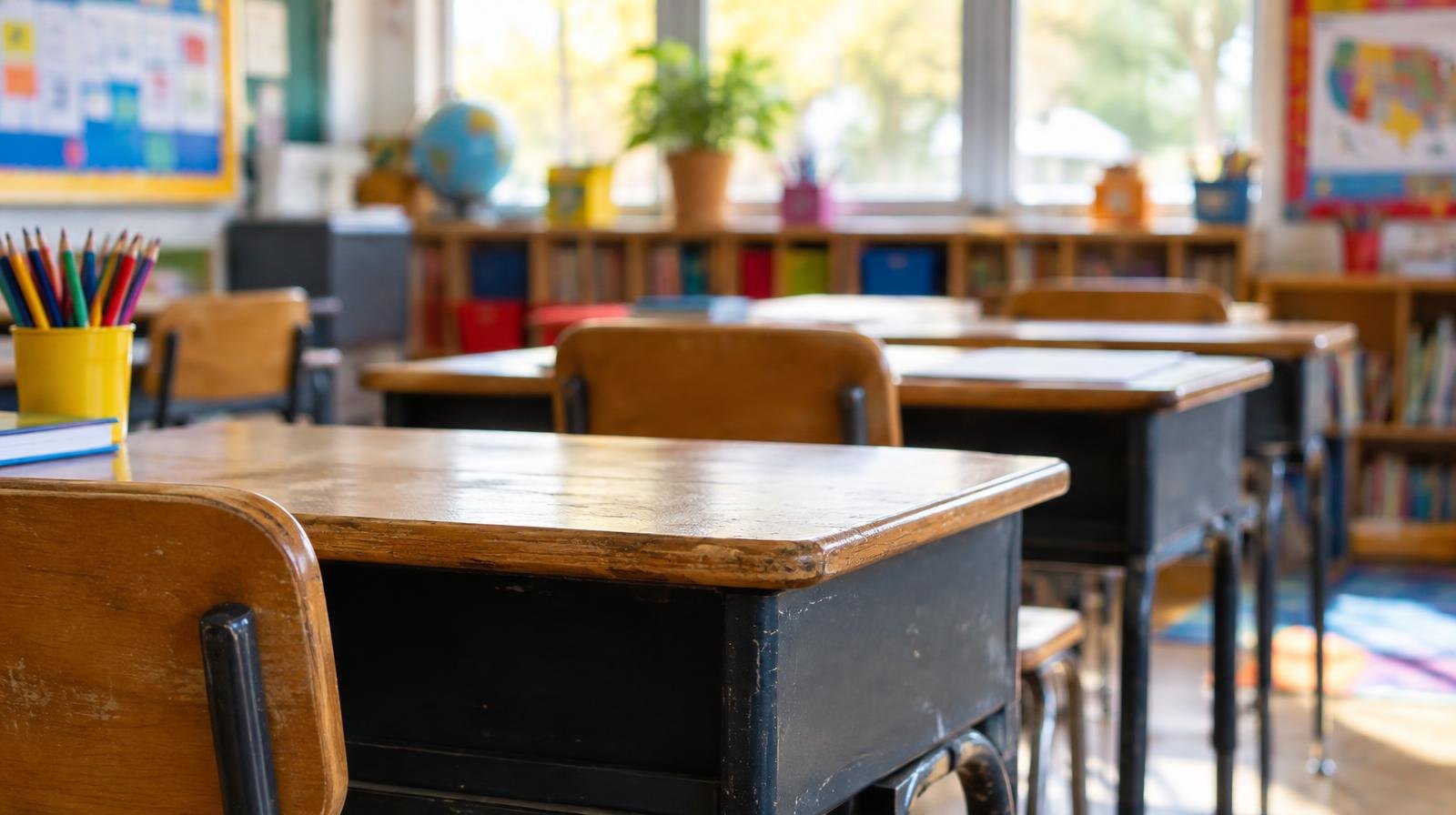 Rows of small wooden student desks and chairs in a sunlit elementary school classroom.