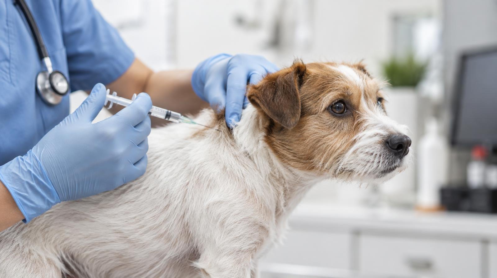 Gloved hand holding a syringe near a small dog's scruff.
