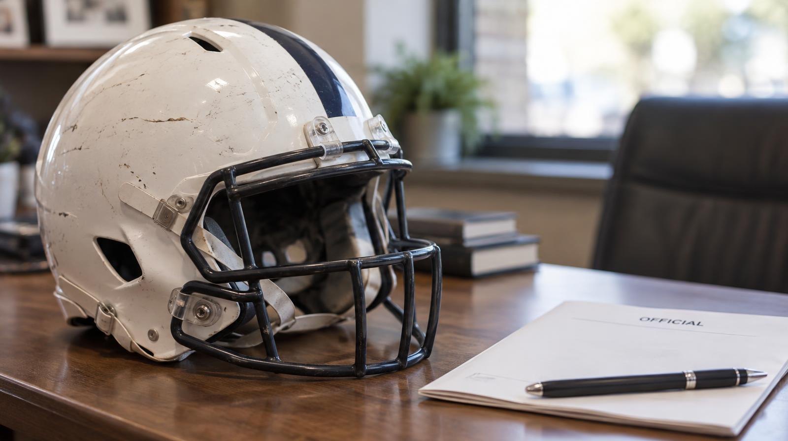 A football helmet resting on a wooden desk next to a folded document and pen.