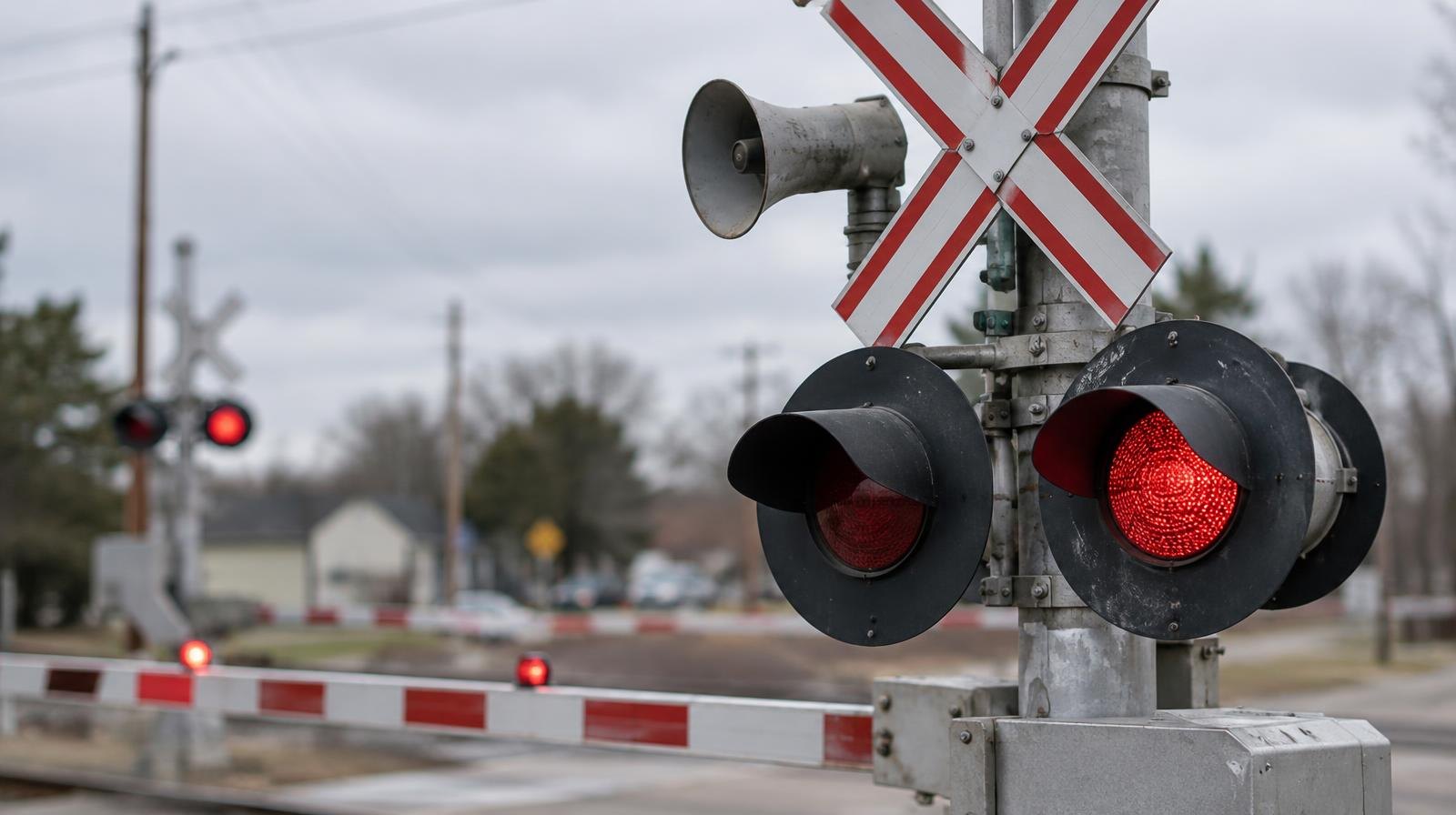 A wayside horn on a metal post beside a railroad crossing gate and warning signs.