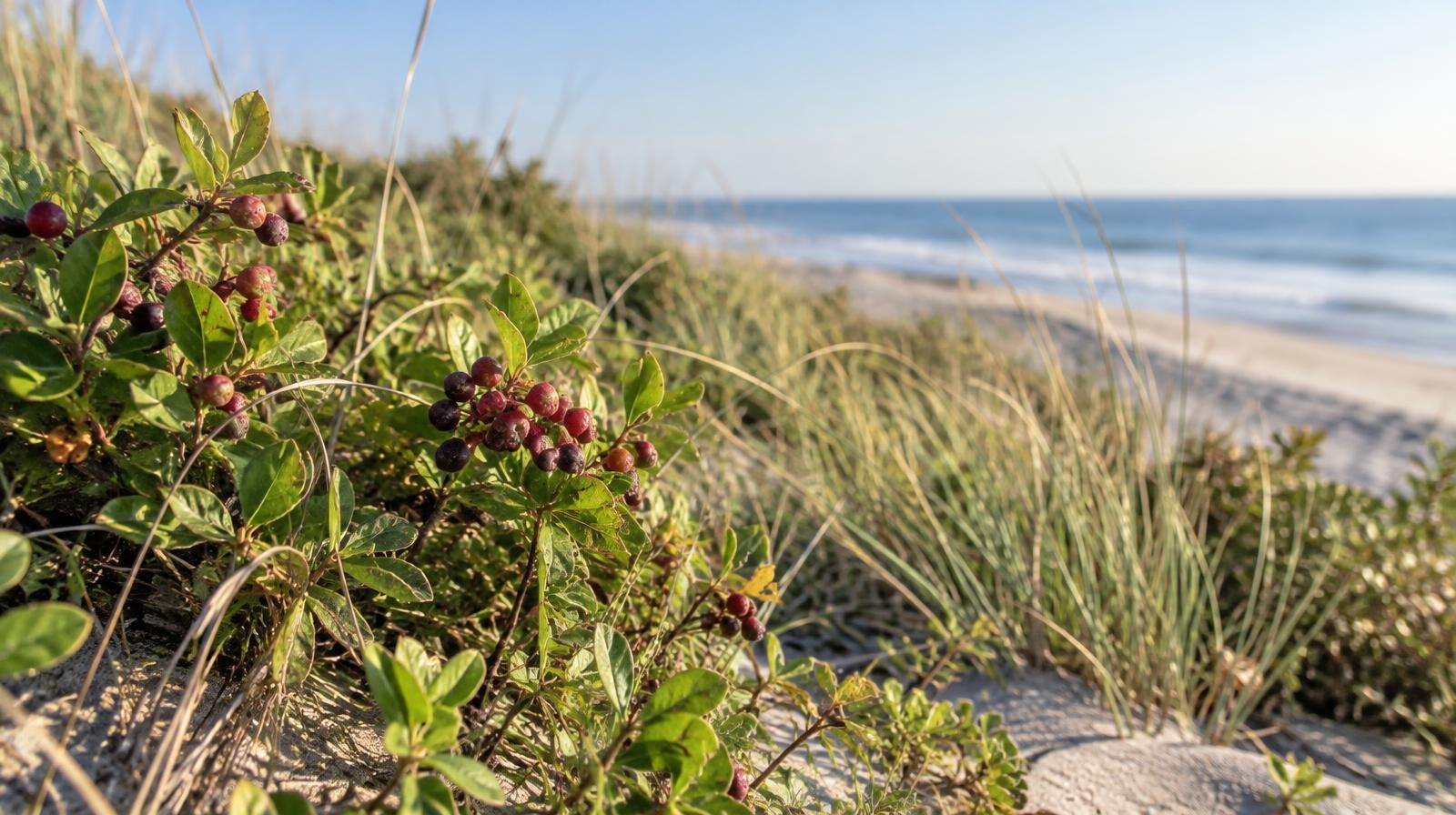 Beach plum shrubs and native grasses along a sandy coastal dune.