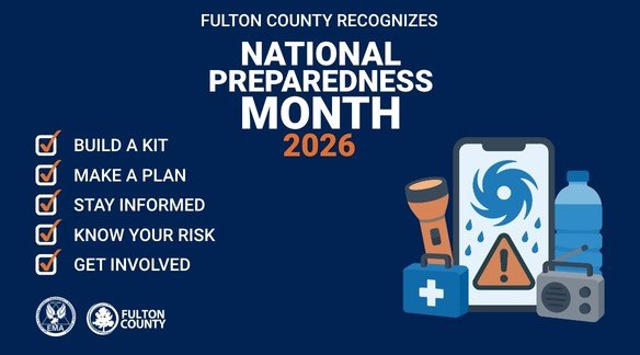 Dark blue infographic listing five emergency preparedness actions with icons for supplies like a flashlight, radio, and first-aid kit.