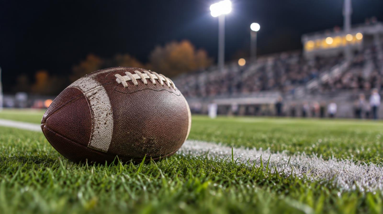 An American football resting on green grass beside a white yard line on a football field.