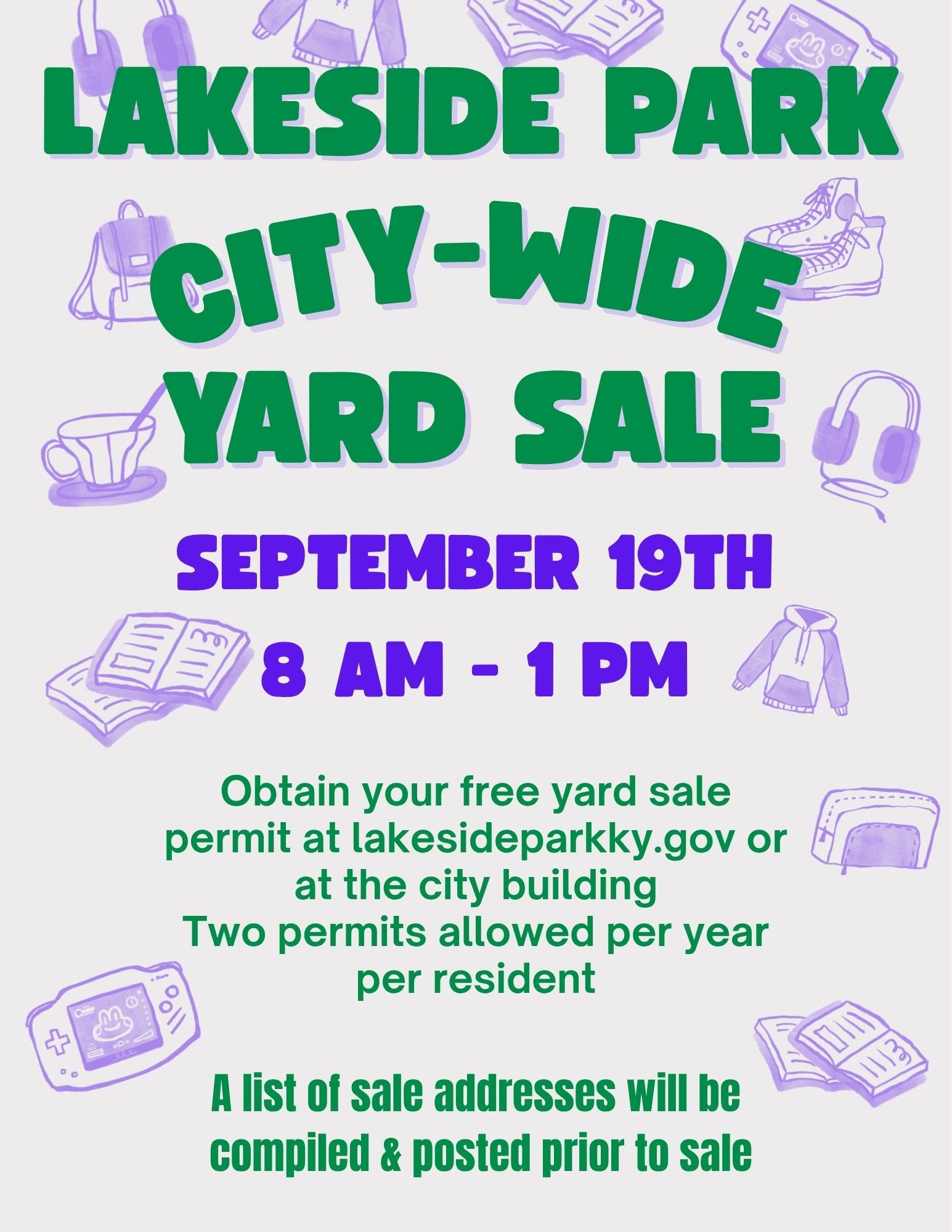 Promotional flyer for the Lakeside Park City-Wide Yard Sale on September 19th.
