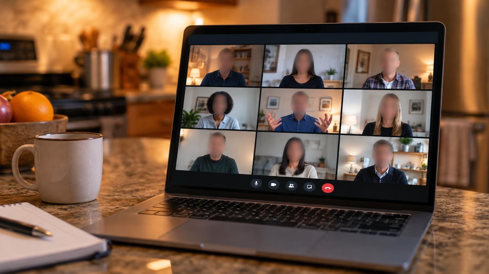 An open laptop on a kitchen counter showing a video conference grid of participants.