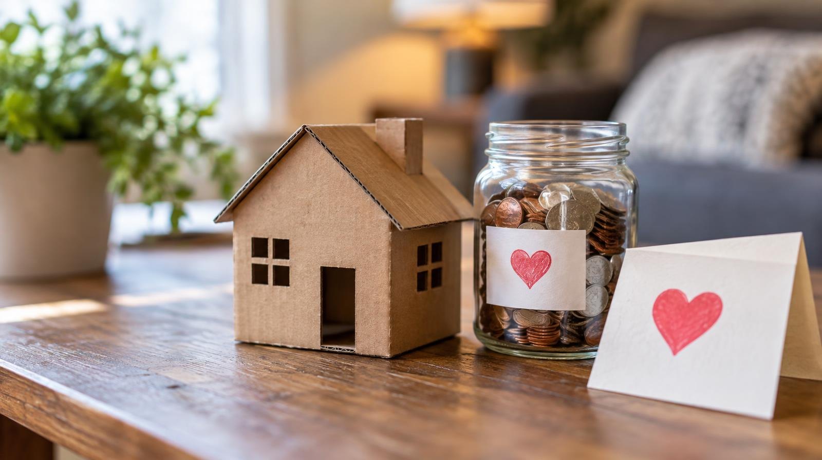 Small cardboard house model beside a jar of coins on a wooden table.