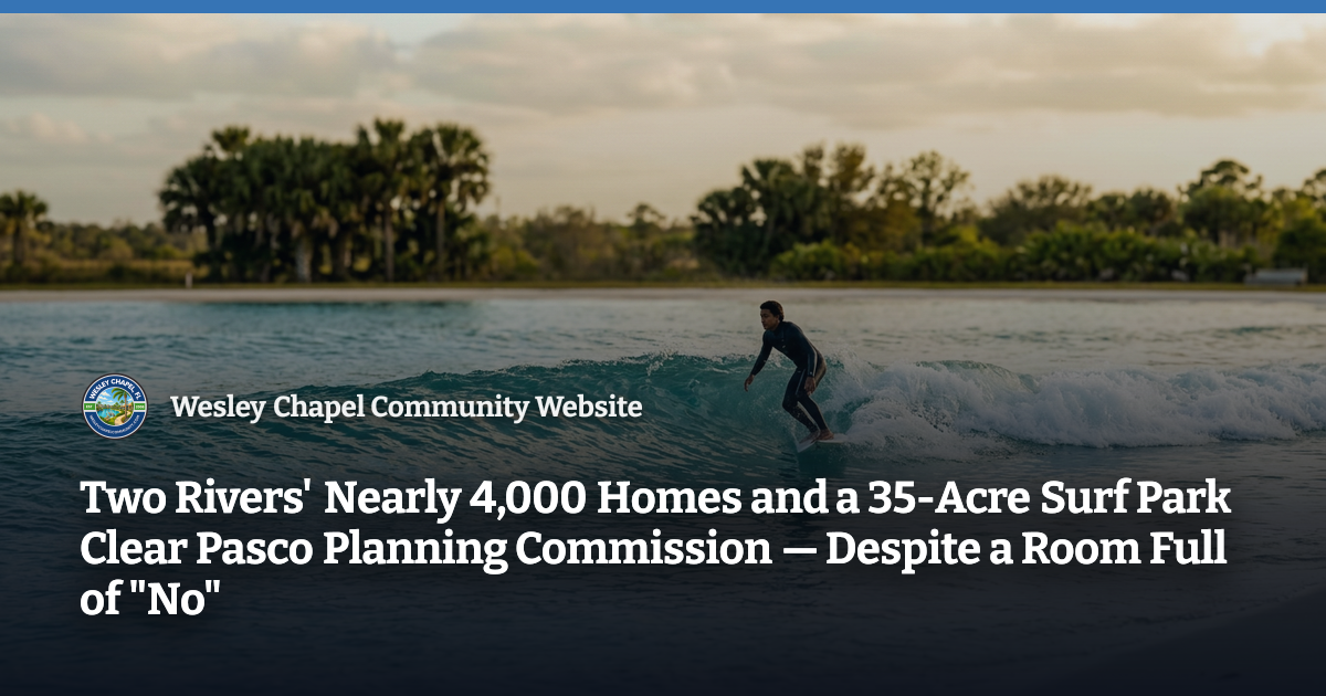 A surfer rides a wave on an artificial wave lagoon surrounded by palm trees.